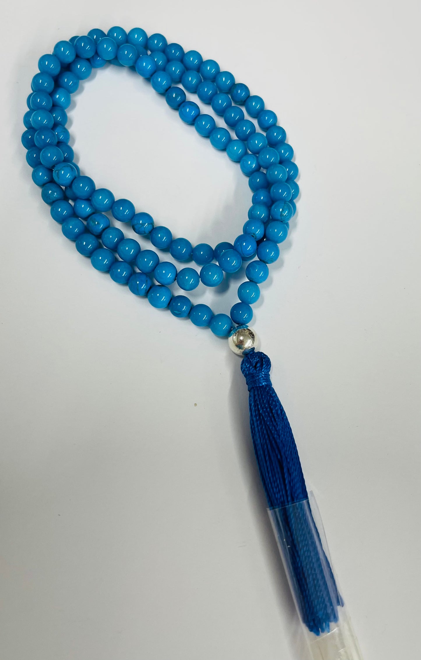 Mala stretchy Turquoise stones with Sterling silver bead tassel necklaces