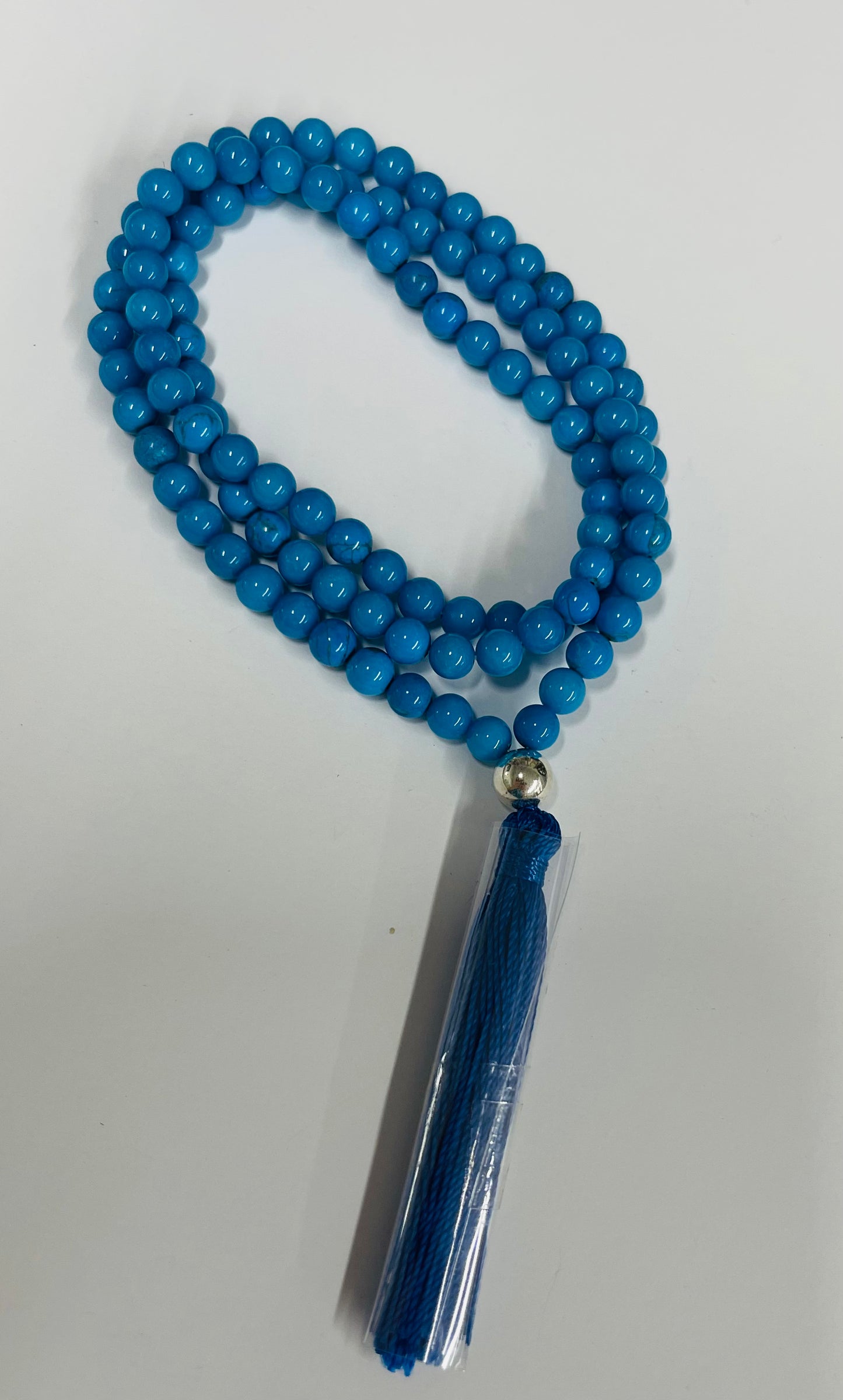 Mala stretchy Turquoise stones with Sterling silver bead tassel necklaces