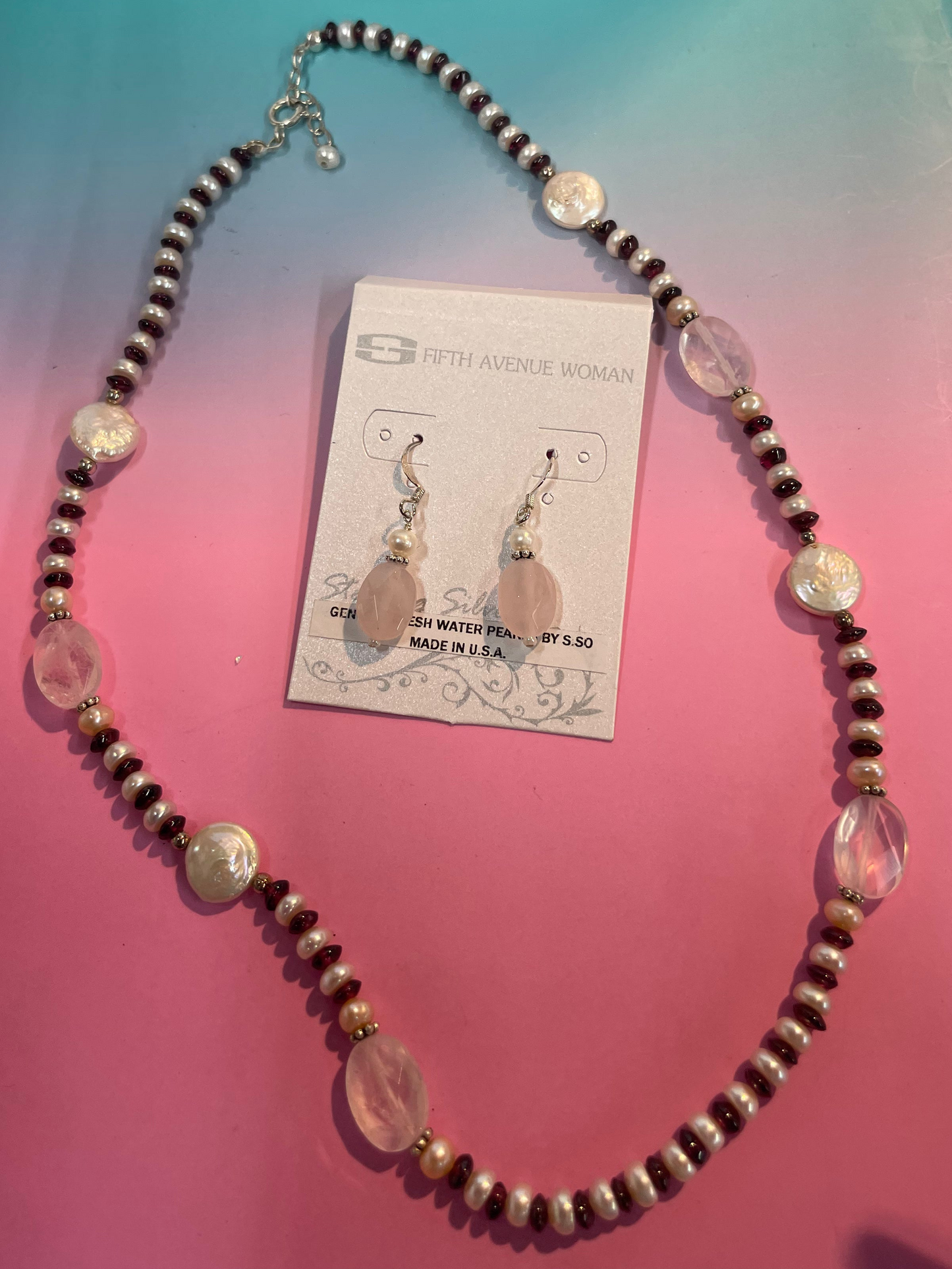 Pink Rose Quartz & Natural Pearl Jewelry Set | Sterling Silver 925