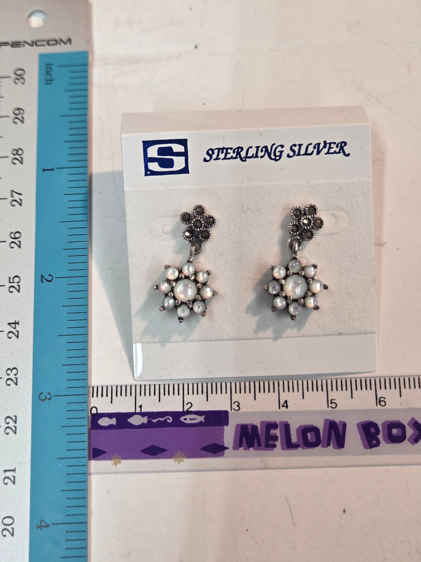 925 sterling silver Genuine Mother of Pearl Marcasite Flower Dangle Earrings