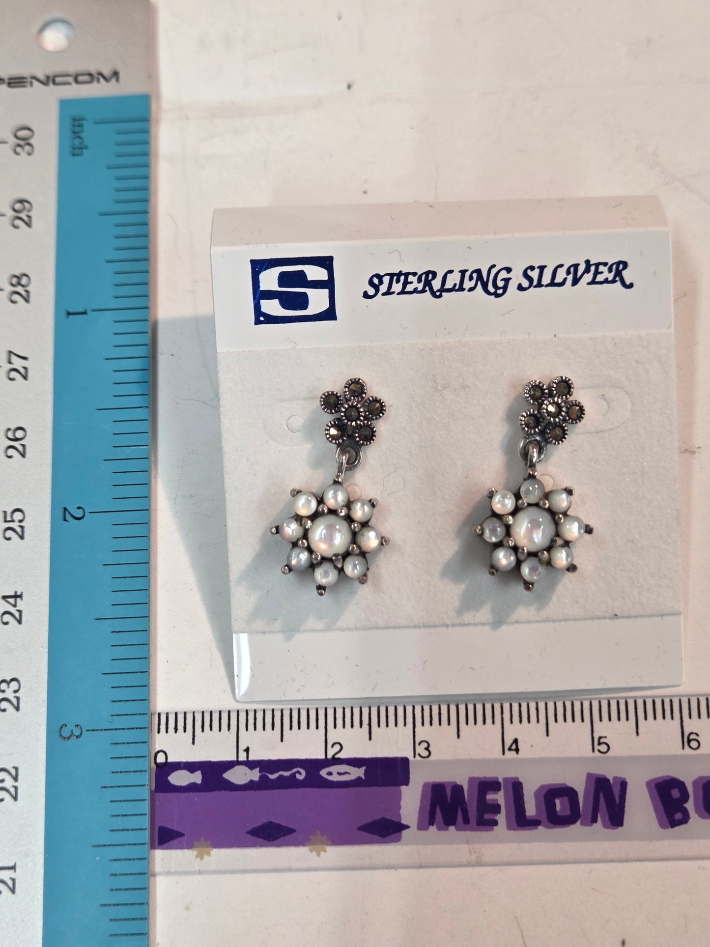 925 sterling silver Genuine Mother of Pearl Marcasite Flower Dangle Earrings