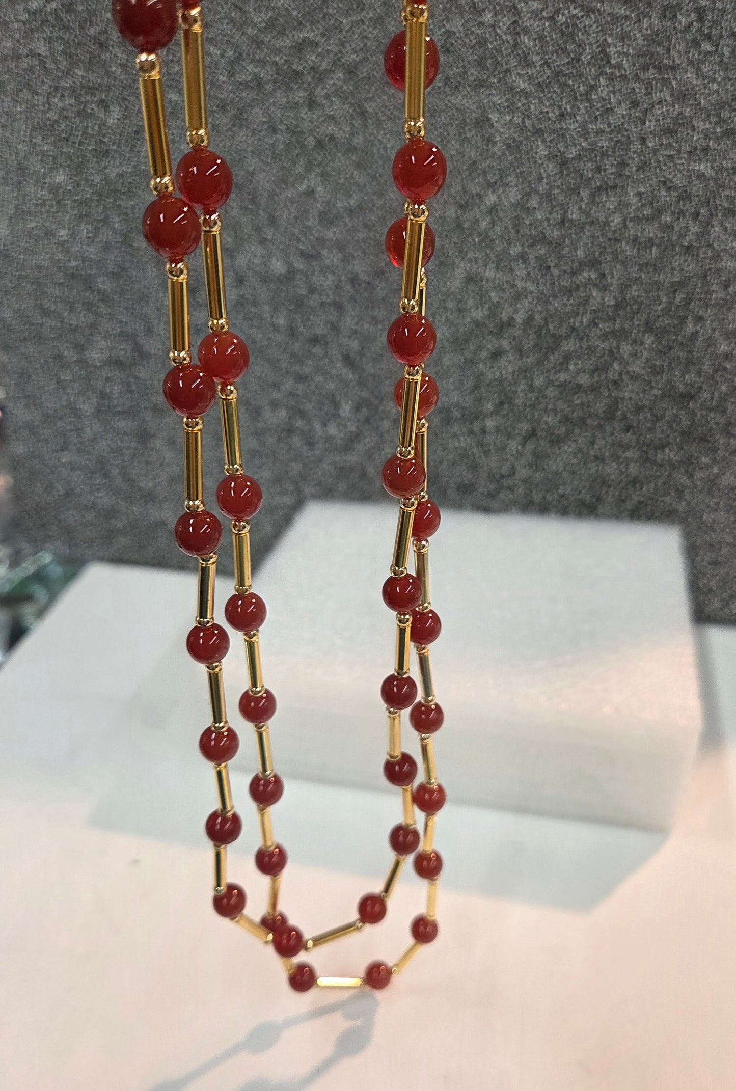 Gold-Plated 8 mm round Red jade Stones Station Necklace 24" & 28"