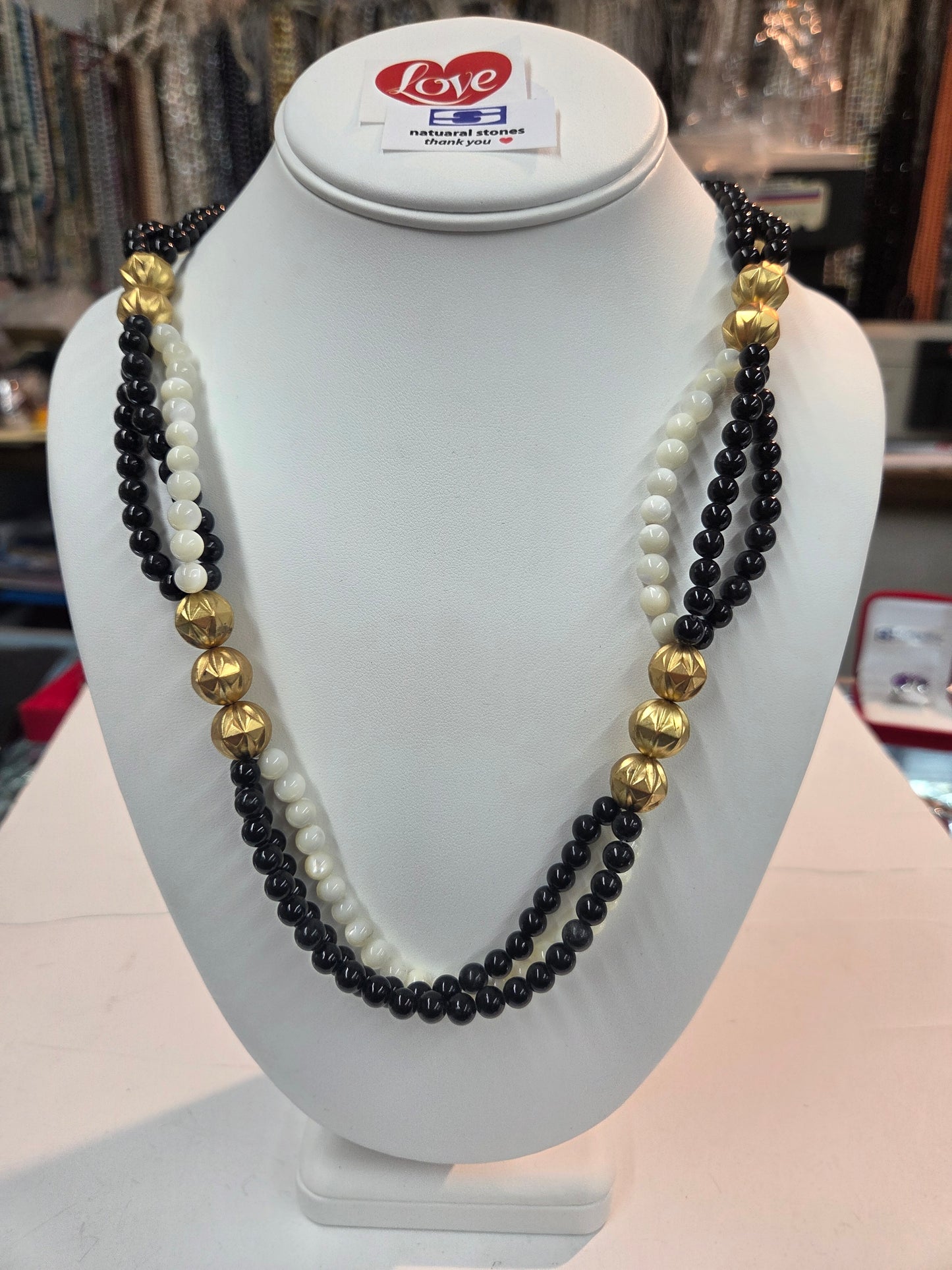 Mother of Pearl / black semi precious stones 24" Triple Strand Necklace Elegant Statement Jewelry