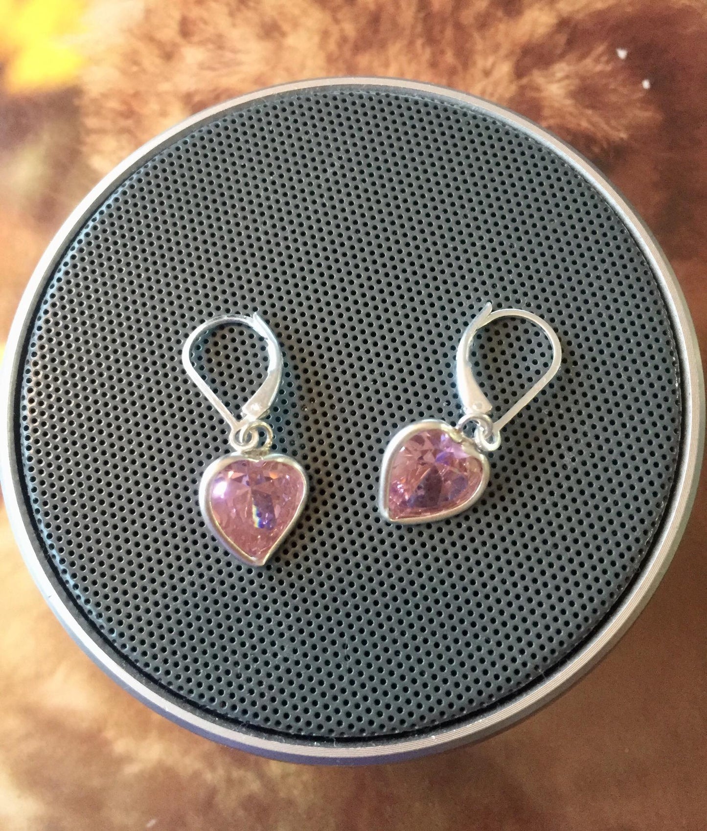 925 Sterling Silver Simulated PINK Heart stones on lever back earring