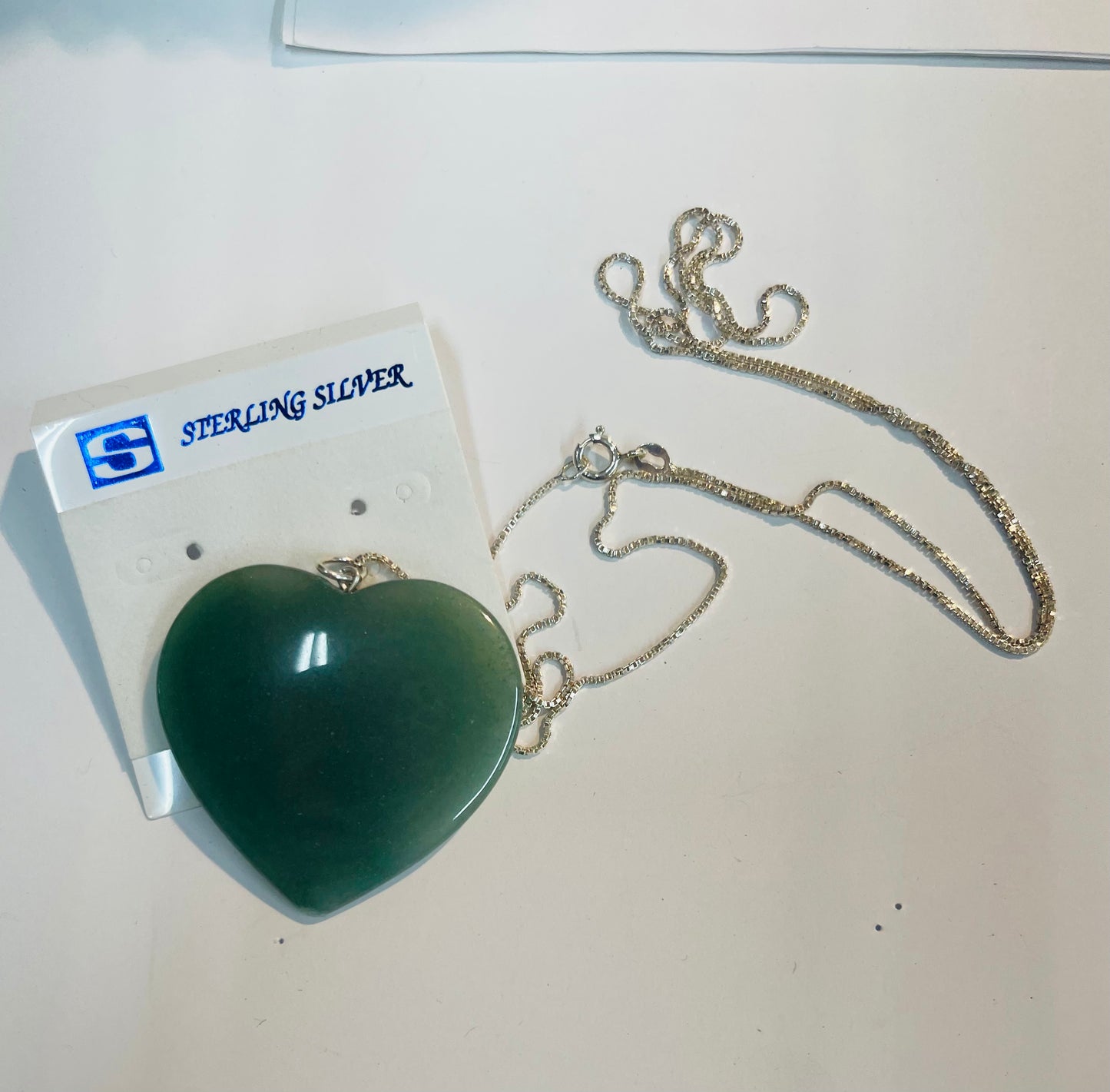 30” Sterling Silver chain on heart Green adventure pendants