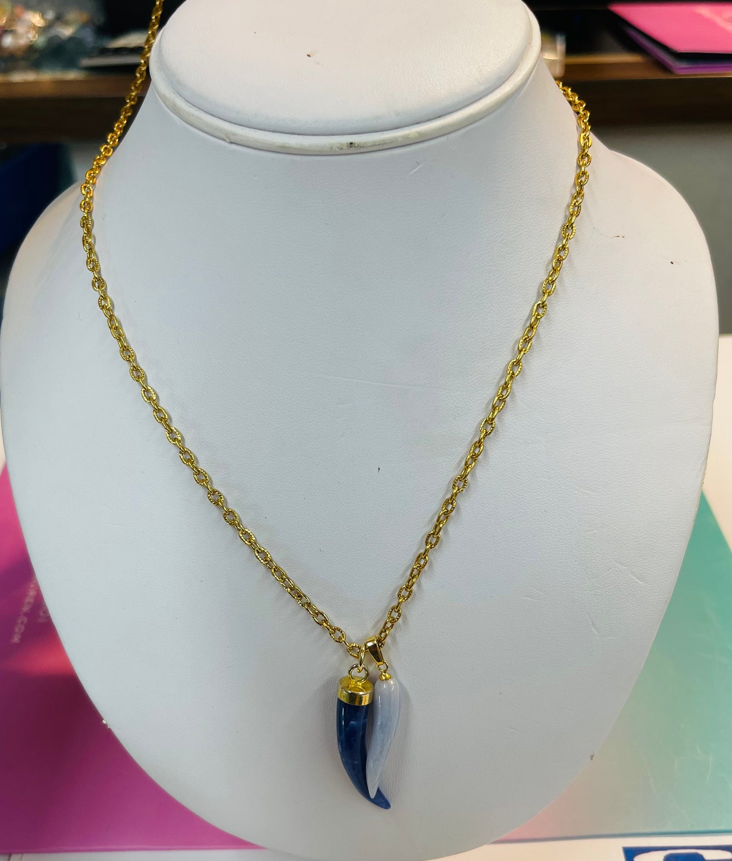 32” gold plated chain with genuine stones charm blue laces and blue sodalite