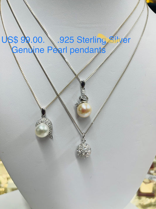 .925 Sterling Silver chain necklaces with genuine Pearls