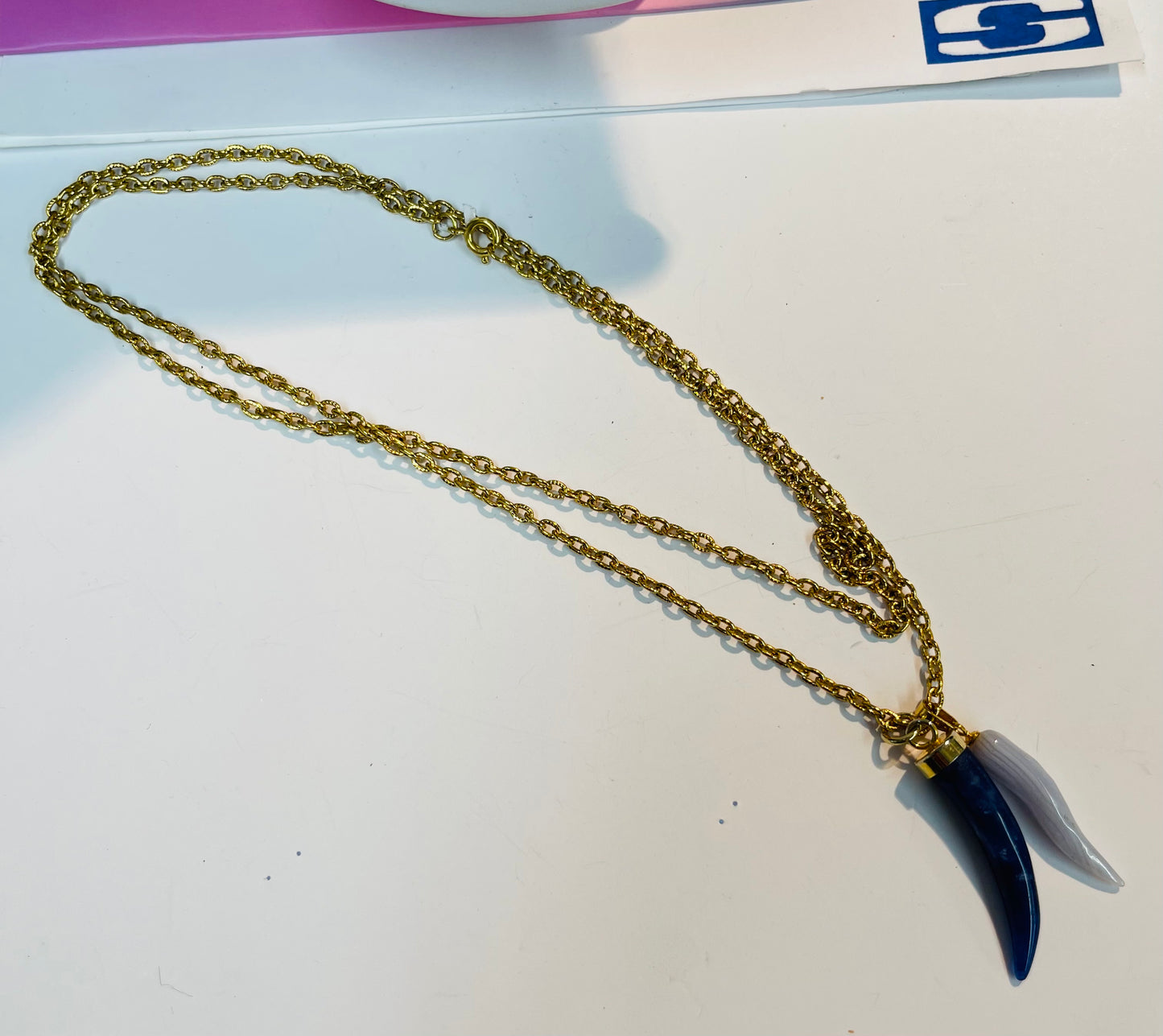 32” gold plated chain with genuine stones charm blue laces and blue sodalite