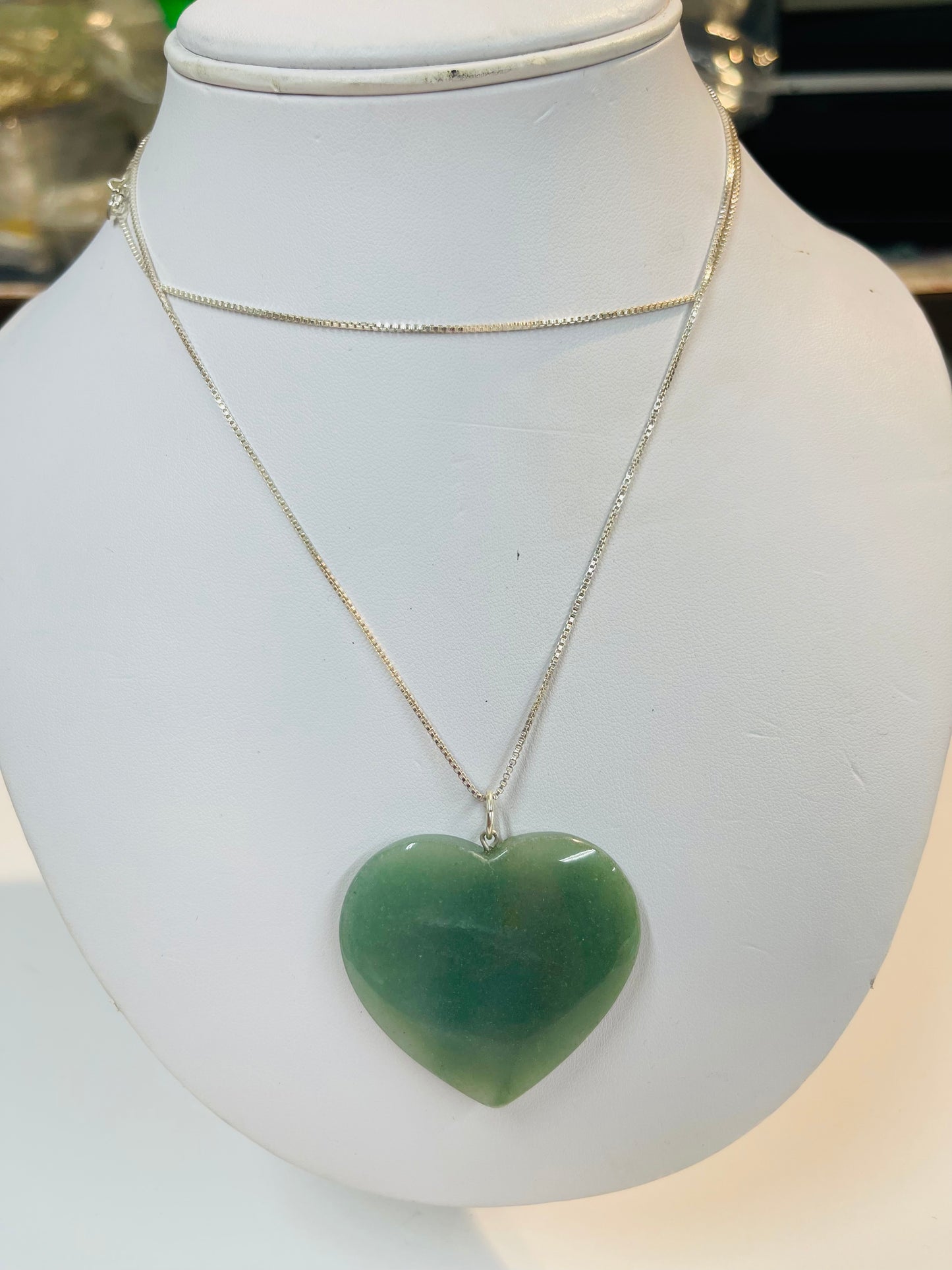 30” Sterling Silver chain on heart Green adventure pendants