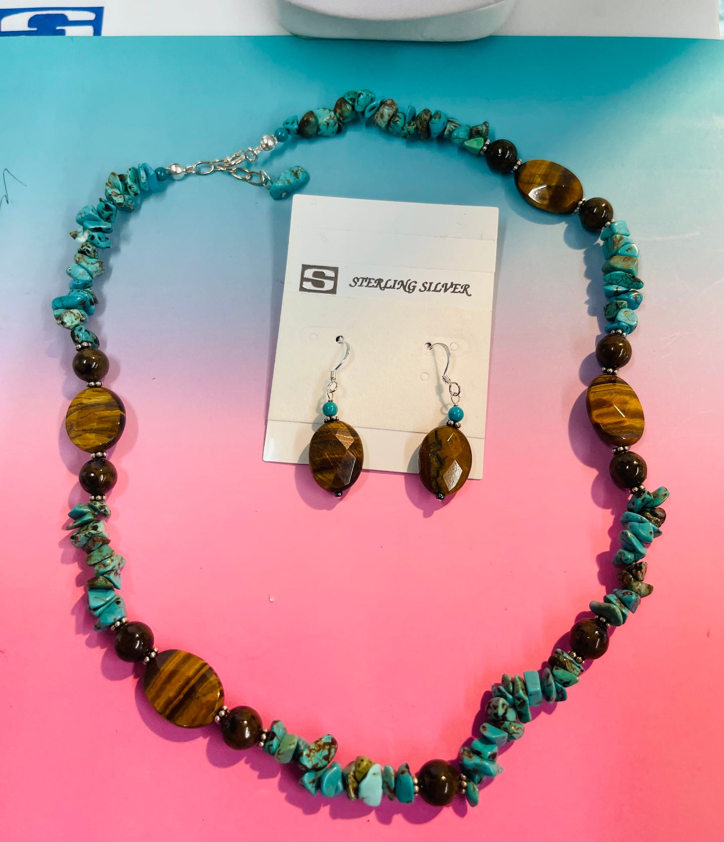 18” sterling Silver on Turquoise stones necklaces with Tiger eye Stones and brown soo chow stones