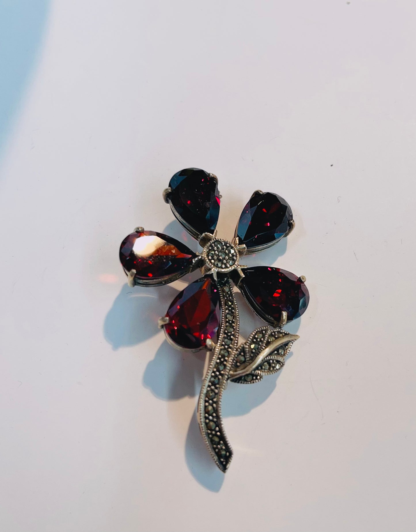 Sterling silver Flower Genuine CZ White or red Garnet Pins