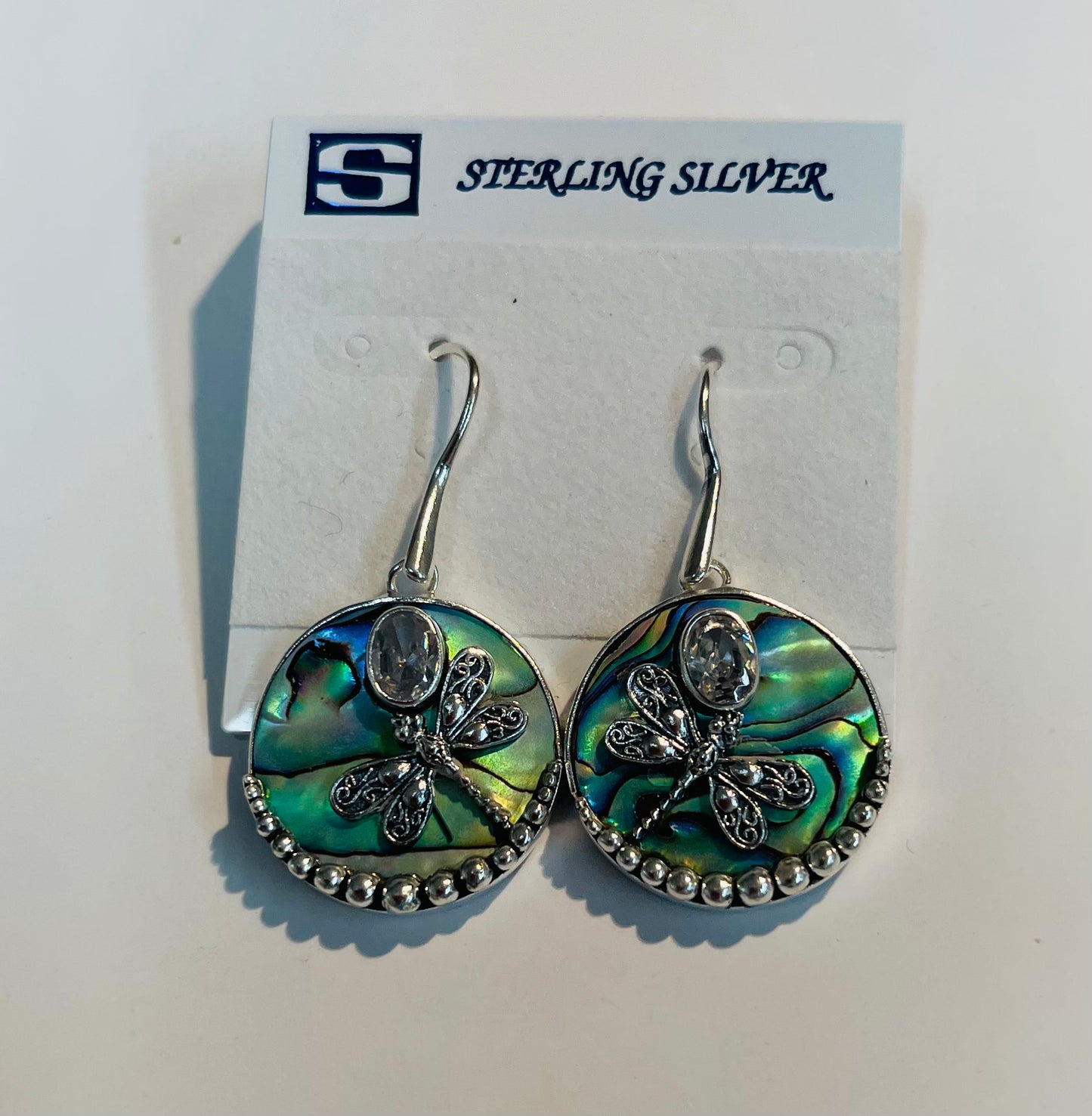 .925 Sterling Silver round abalone & Dragonfly & oval white stone earring