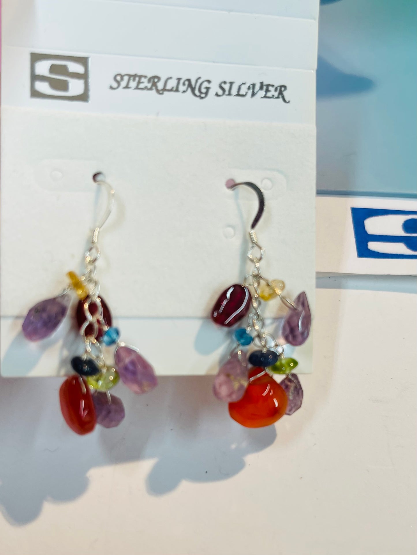 Sterling silver Link chain with multi beautiful stones amethyst ,carnelian .garnet in sterling silver wire earring .