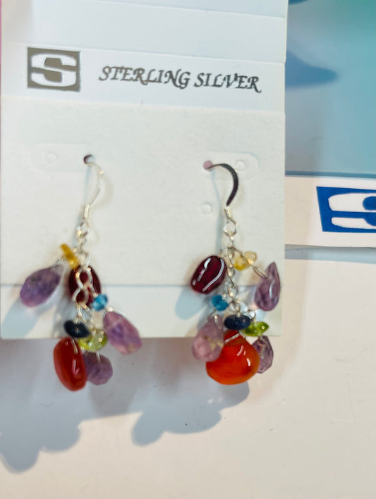 Sterling Silver 925 Dangle Earrings with Multi Gemstones ✨