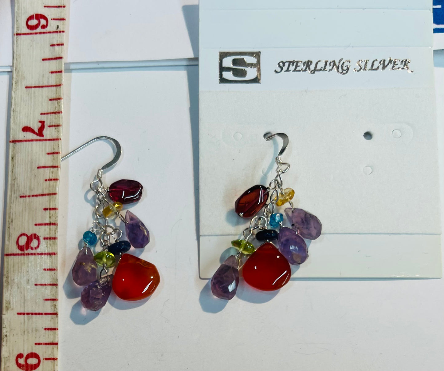 Sterling silver Link chain with multi beautiful stones amethyst ,carnelian .garnet in sterling silver wire earring .