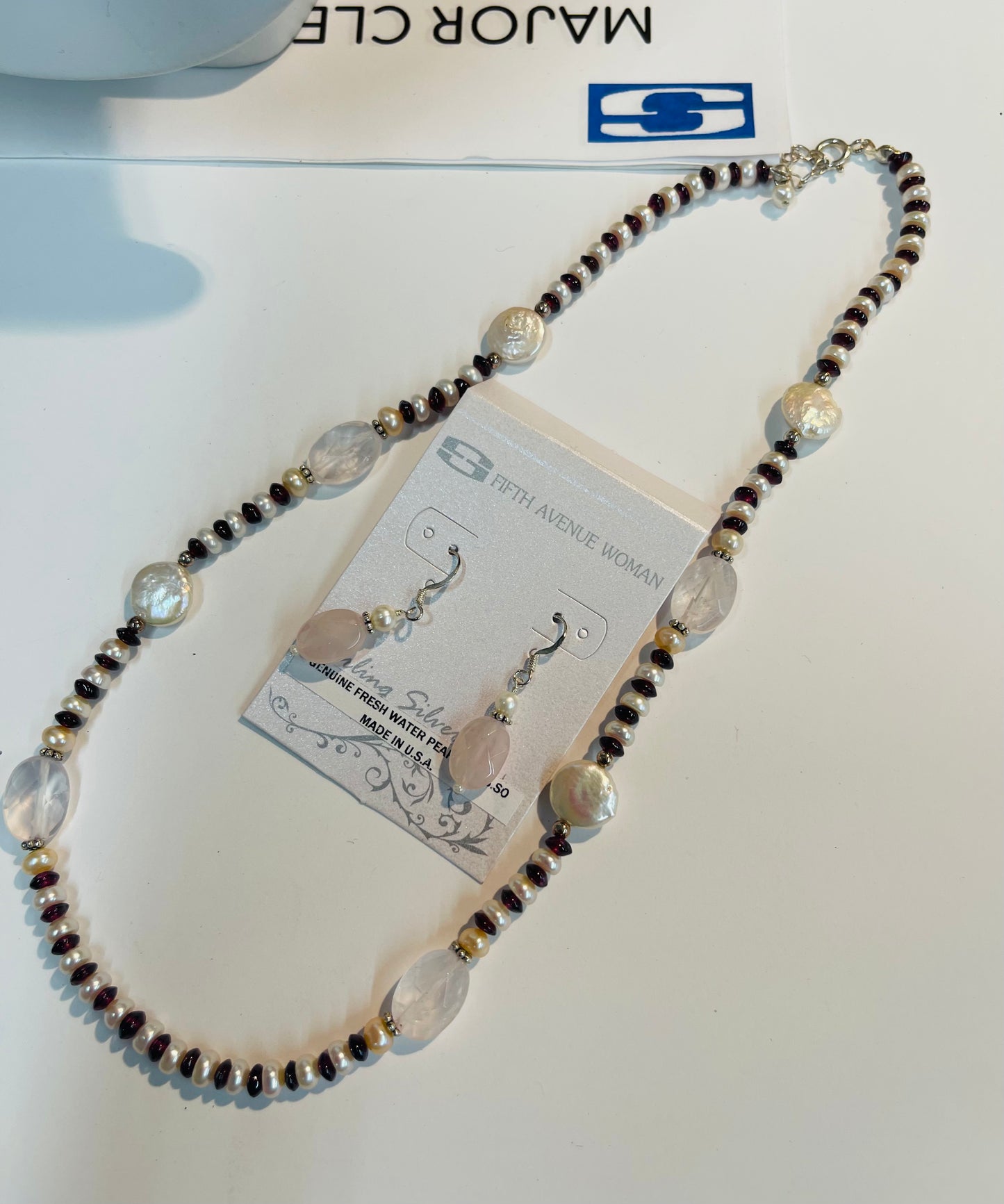 18” Natural Pearls with Rose Quartz faceted stones  necklace