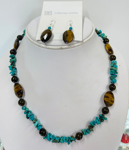 18” sterling Silver on Turquoise stones necklaces with Tiger eye Stones and brown soo chow stones