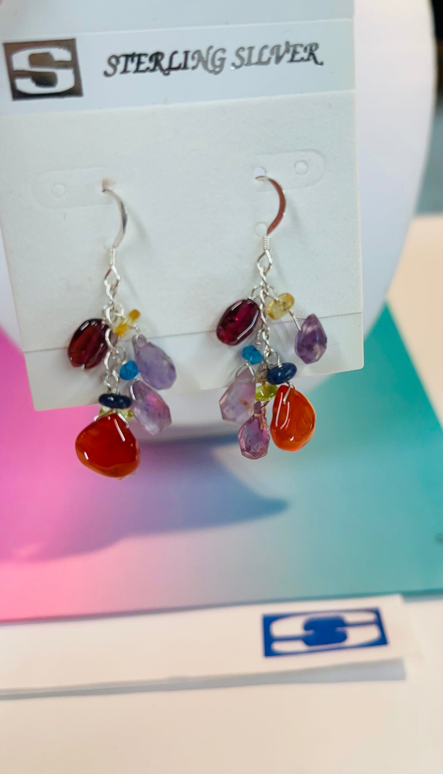 Sterling silver Link chain with multi beautiful stones amethyst ,carnelian .garnet in sterling silver wire earring .