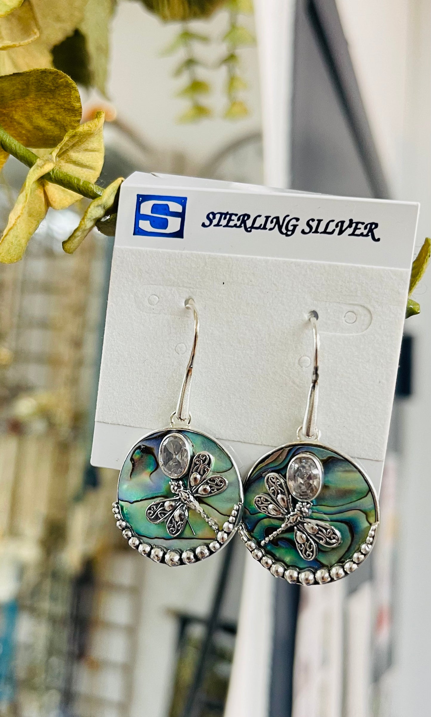 .925 Sterling Silver round abalone & Dragonfly & oval white stone earring