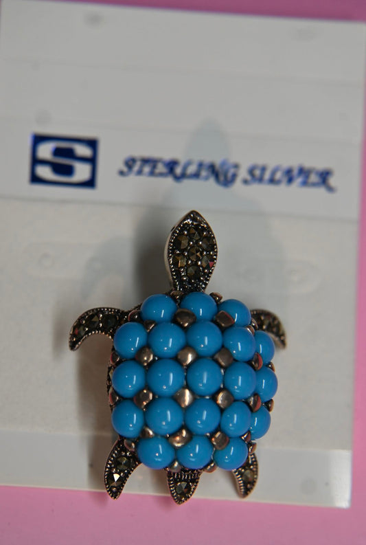 .925 Sterling Silver Turtle Pins with Turquoise Stones