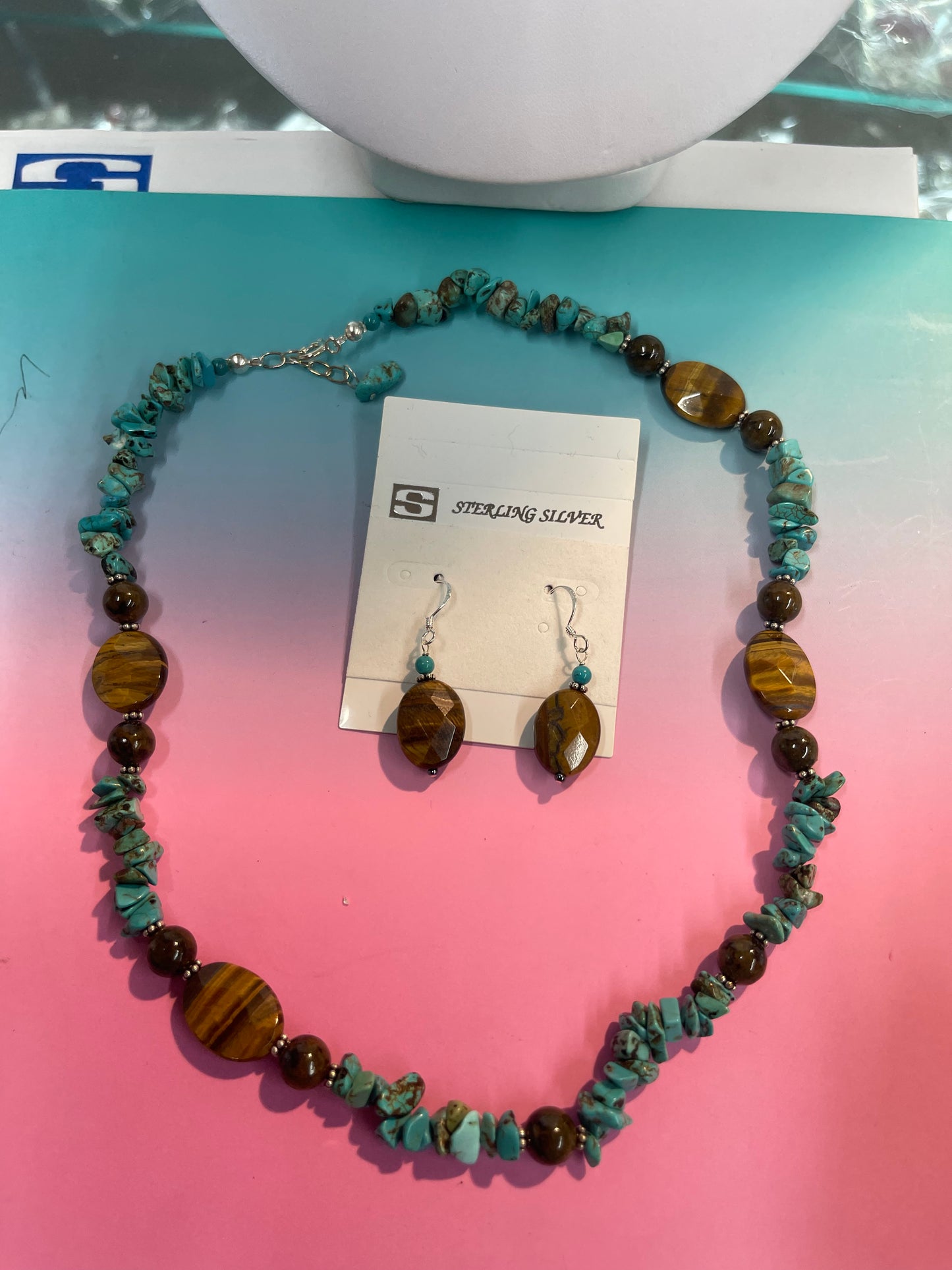 18” sterling Silver on Turquoise stones necklaces with Tiger eye Stones and brown soo chow stones