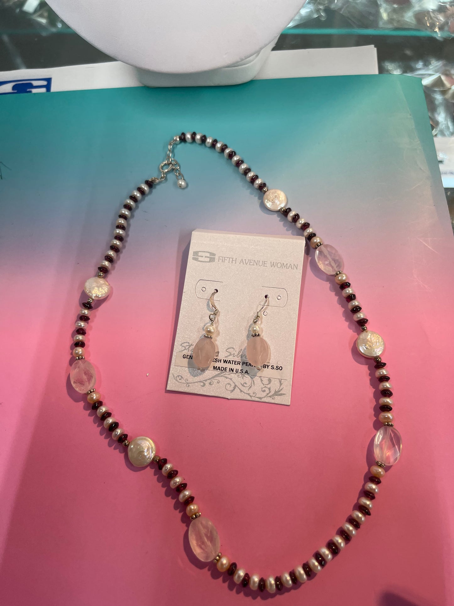 18” Natural Pearls with Rose Quartz faceted stones  necklace