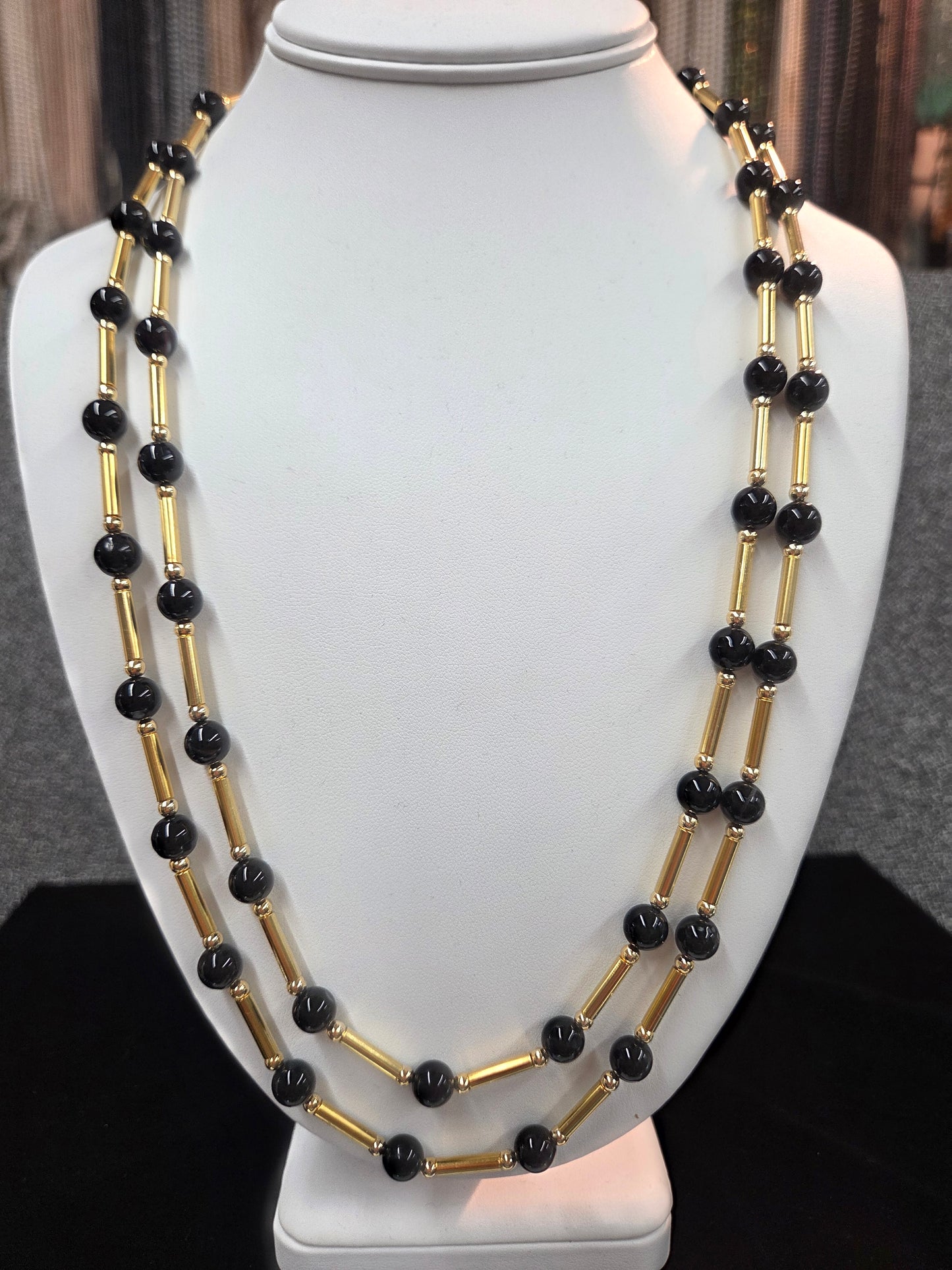 Gold-Plated 8mm Round black  Jade Stone Station Necklace 24" 28"
