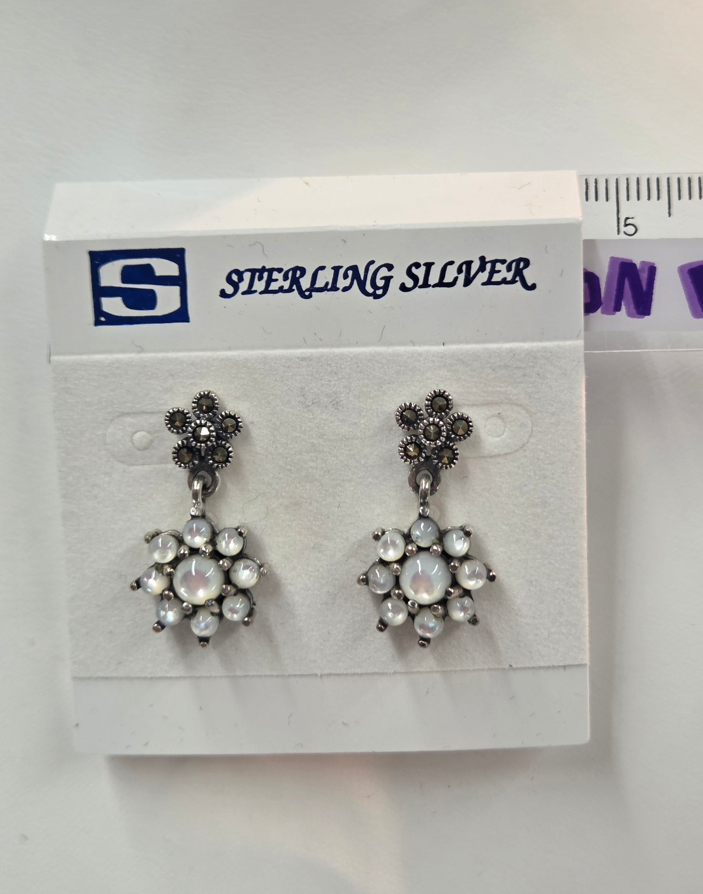 925 sterling silver Genuine Mother of Pearl Marcasite Flower Dangle Earrings