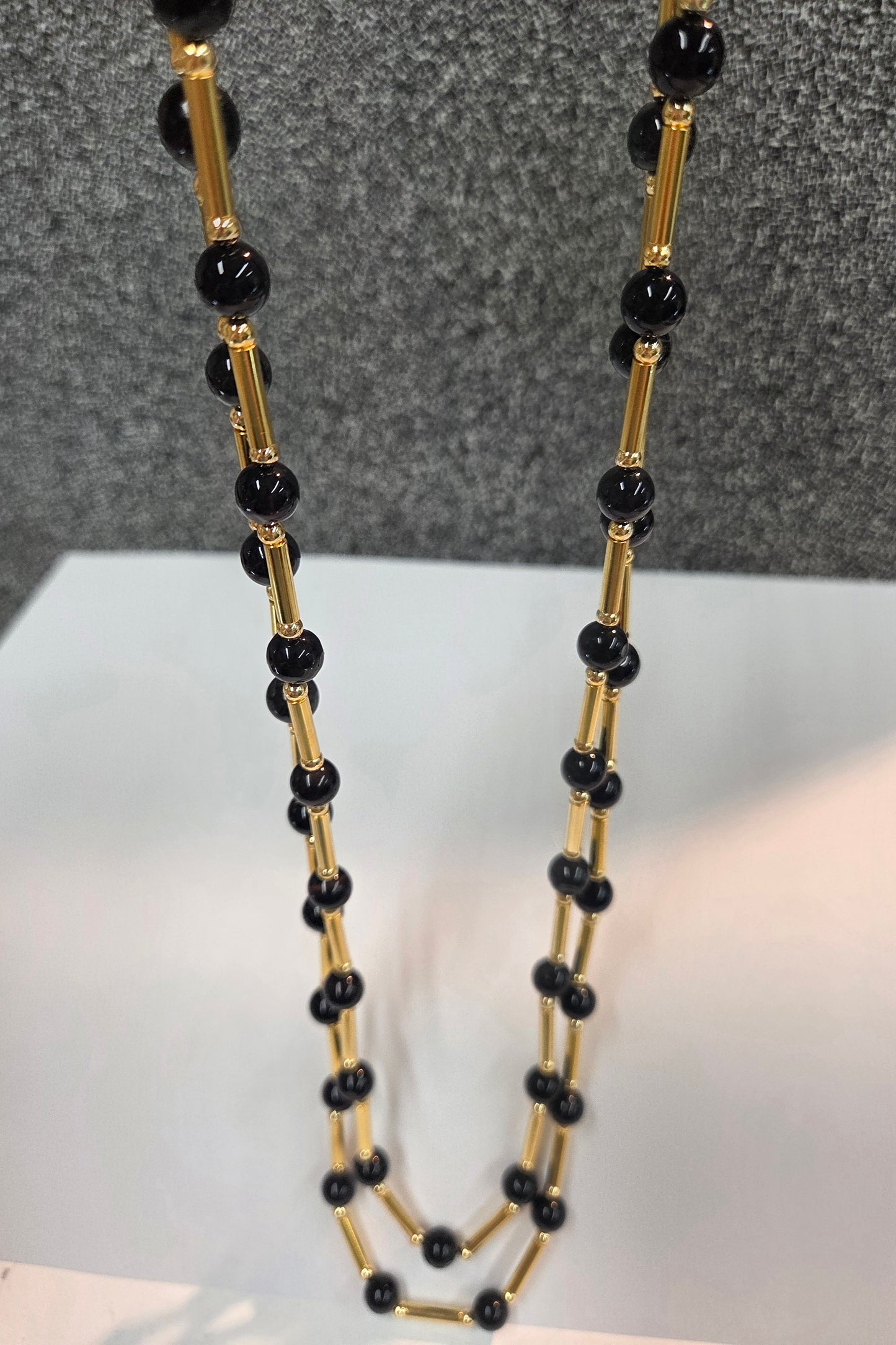 Gold-Plated 8mm Round black  Jade Stone Station Necklace 24" 28"