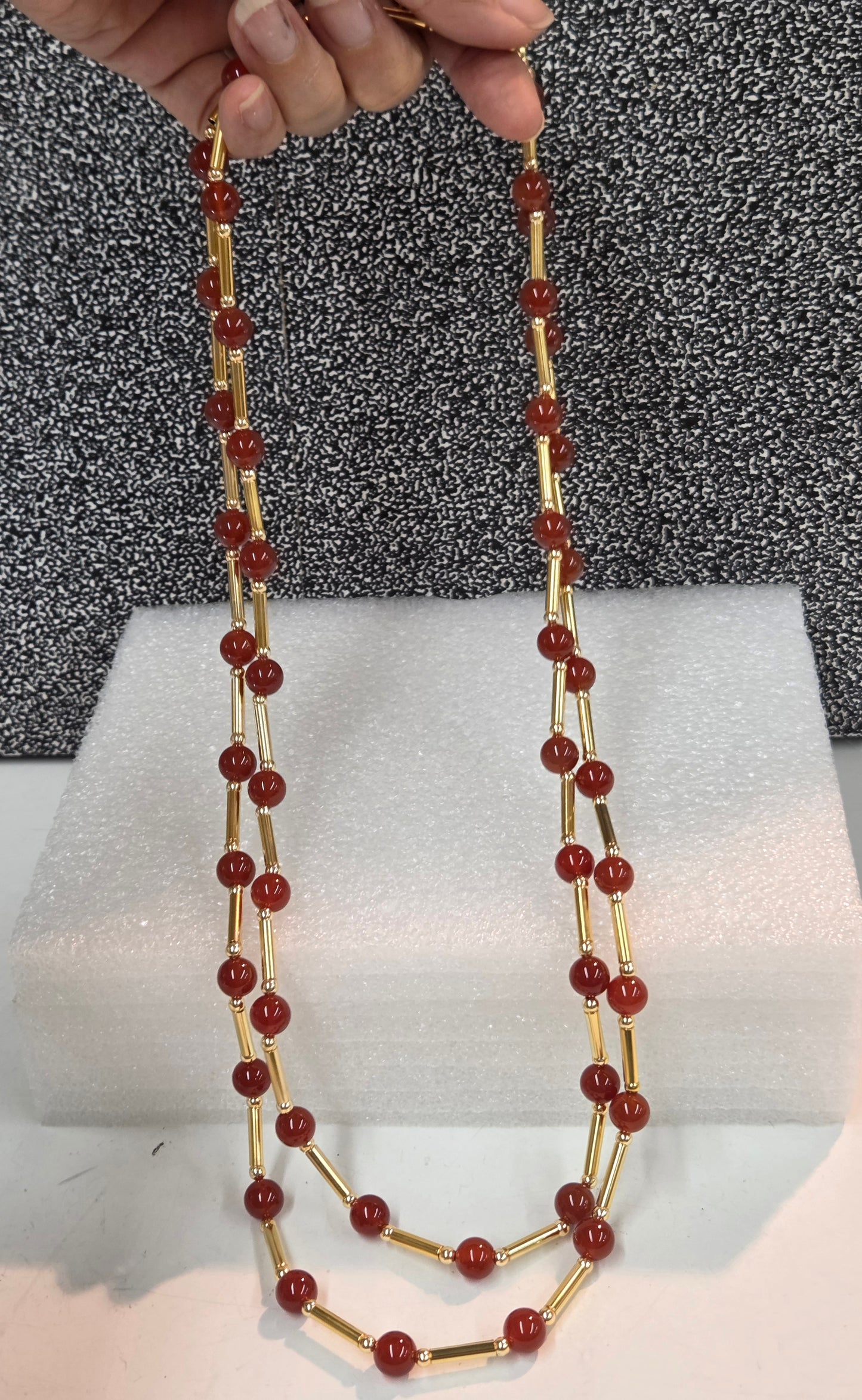 Gold-Plated 8 mm round Red jade Stones Station Necklace 24" & 28"
