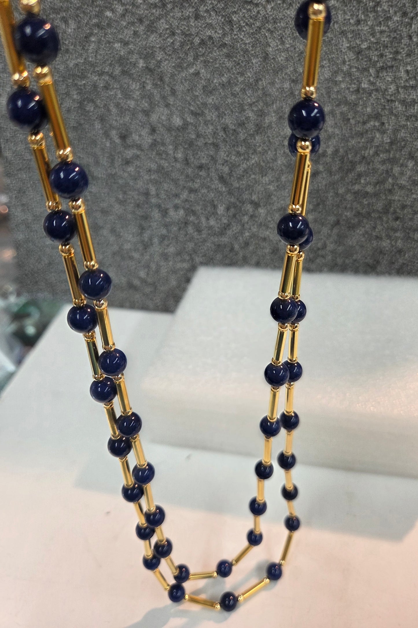 Gold-Plated 8mm Round black  Jade Stone Station Necklace 24" 28"