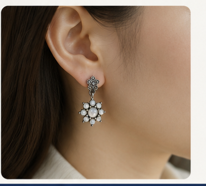 Genuine Mother of Pearl Marcasite Flower Dangle Earrings