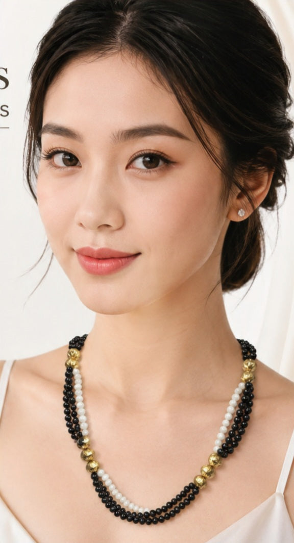 Mother of Pearl / black semi precious stones 24" Triple Strand Necklace  Elegant Statement Jewelry