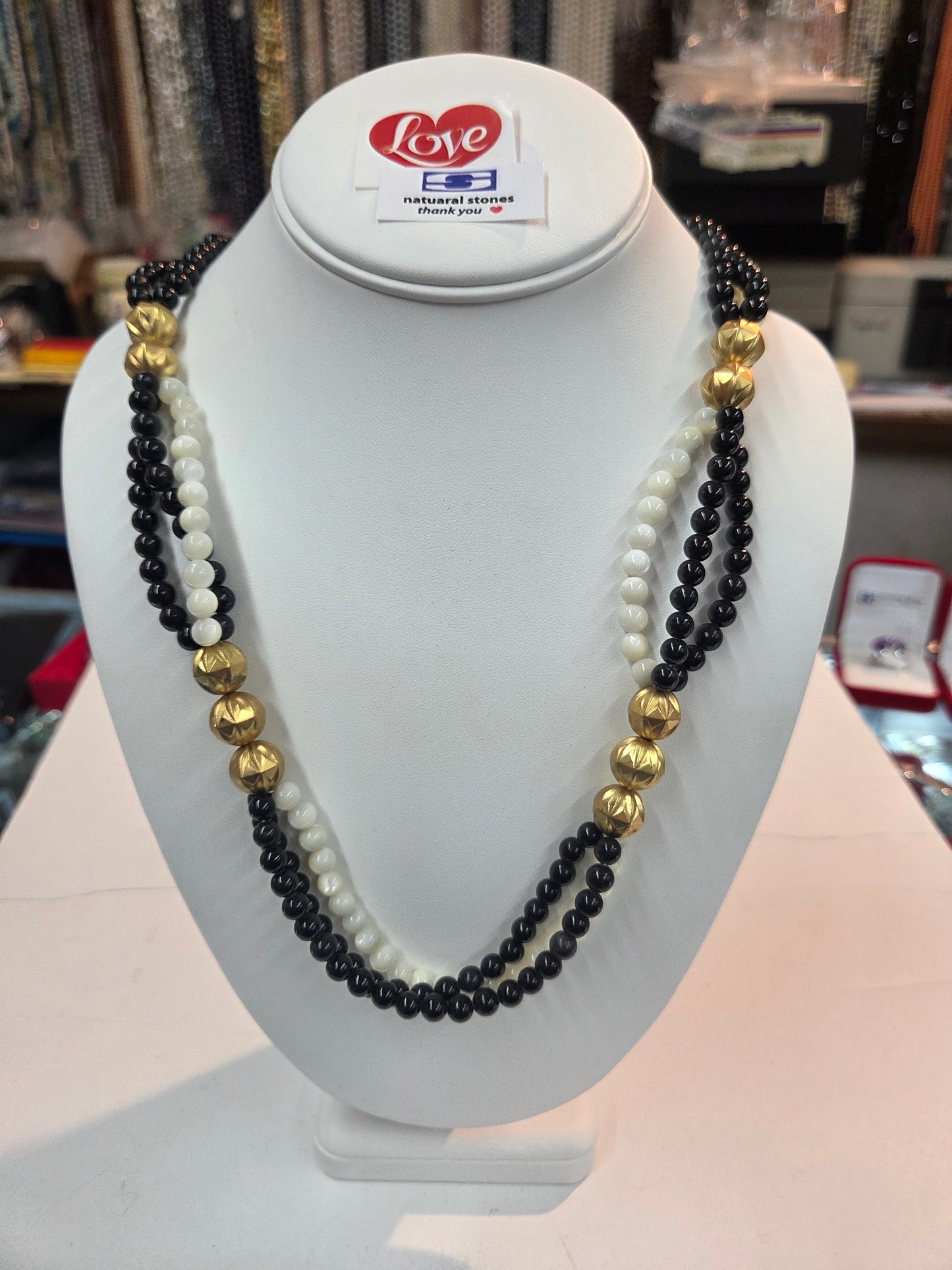 Mother of Pearl / black semi precious stones 24" Triple Strand Necklace  Elegant Statement Jewelry