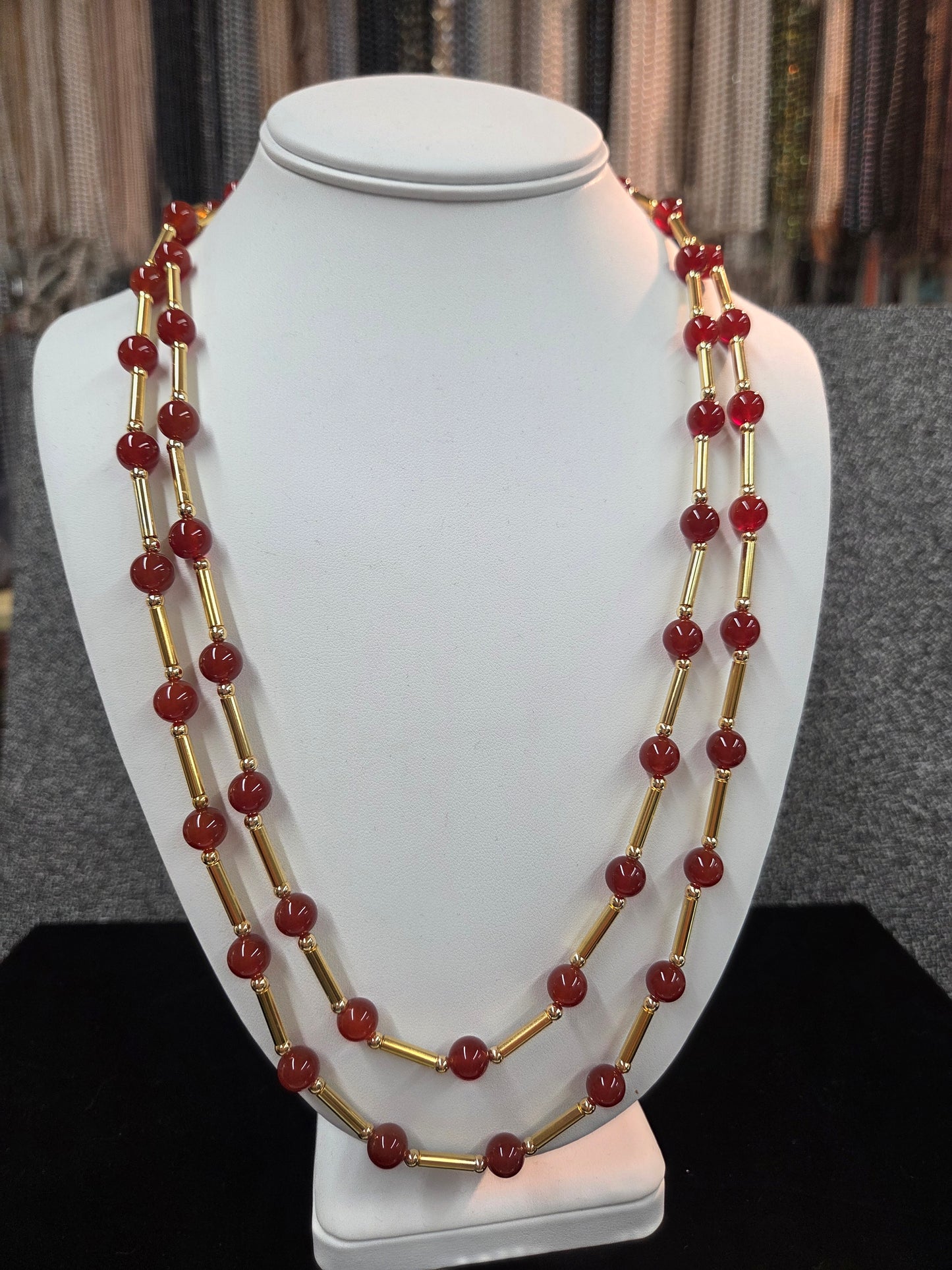 Gold-Plated 8 mm round Red jade Stones Station Necklace 24" & 28"