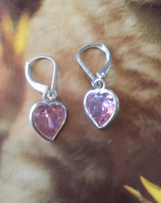 925 Sterling Silver CZ PINK Heart  on lever back earring