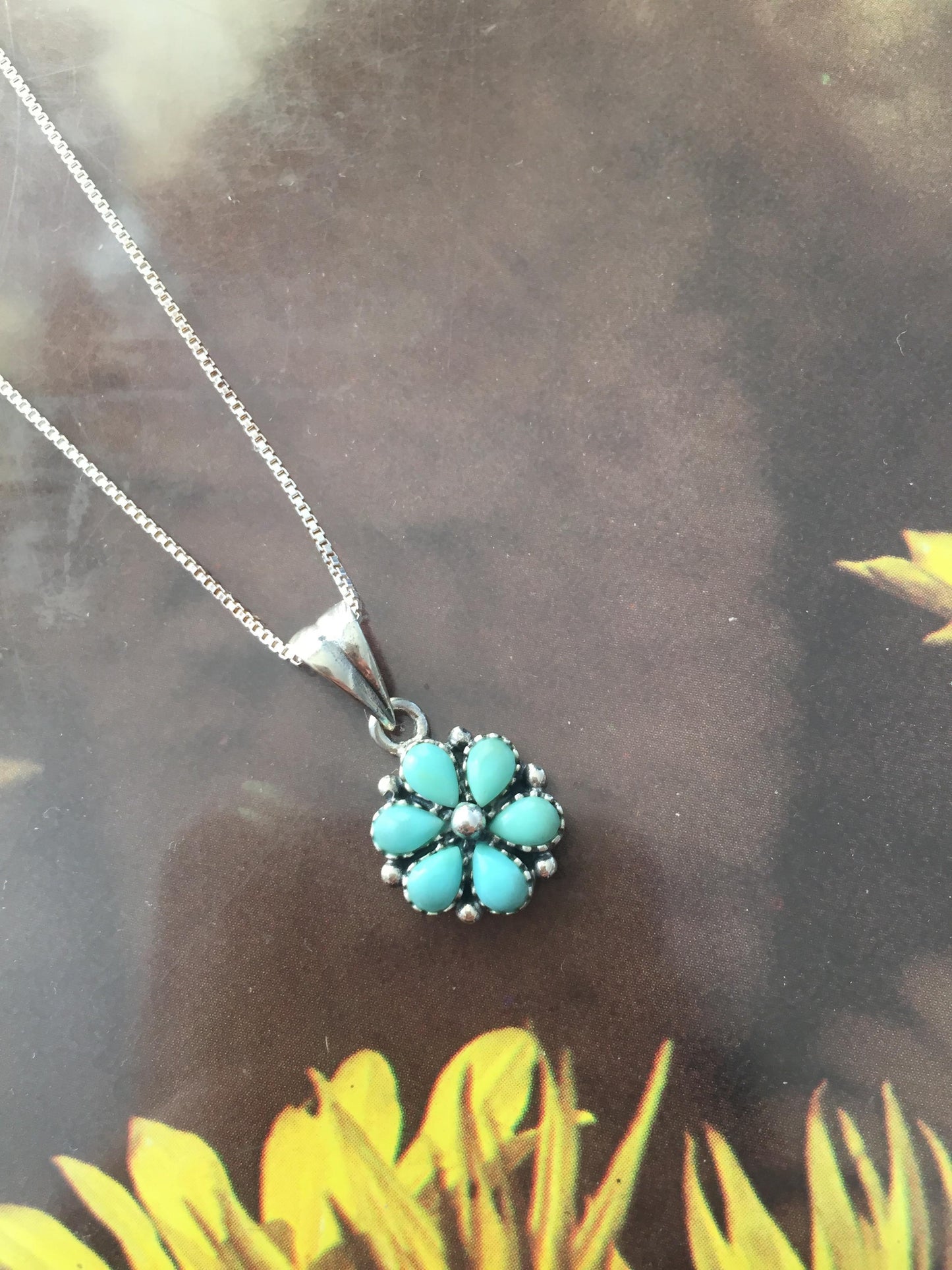 925 Sterling Silver  Turquoise Flower on 16"  chain for lady /teens/girls